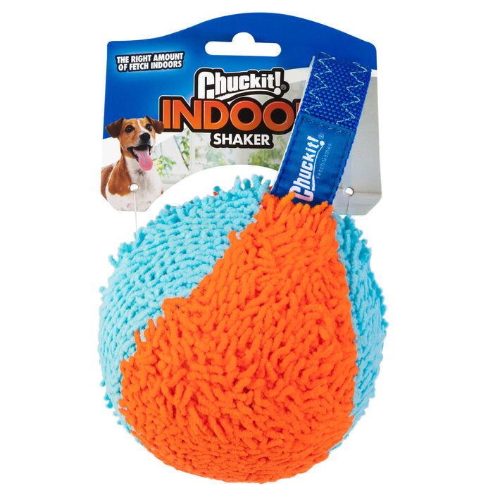 The Chuckit! Indoor Shaker by Chuckit! is a small dog fetch toy featuring an orange and blue fluffy ball with a blue handle, shown in its packaging with the text "Chuckit! Indoor Shaker" and a happy dog.