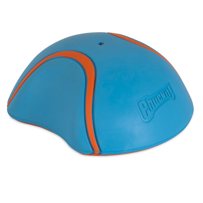 The Chuckit! Indoor Super Slider Dog Toy is a durable, blue, dome-shaped toy with orange curved lines and the Chuckit! logo embossed on the side.