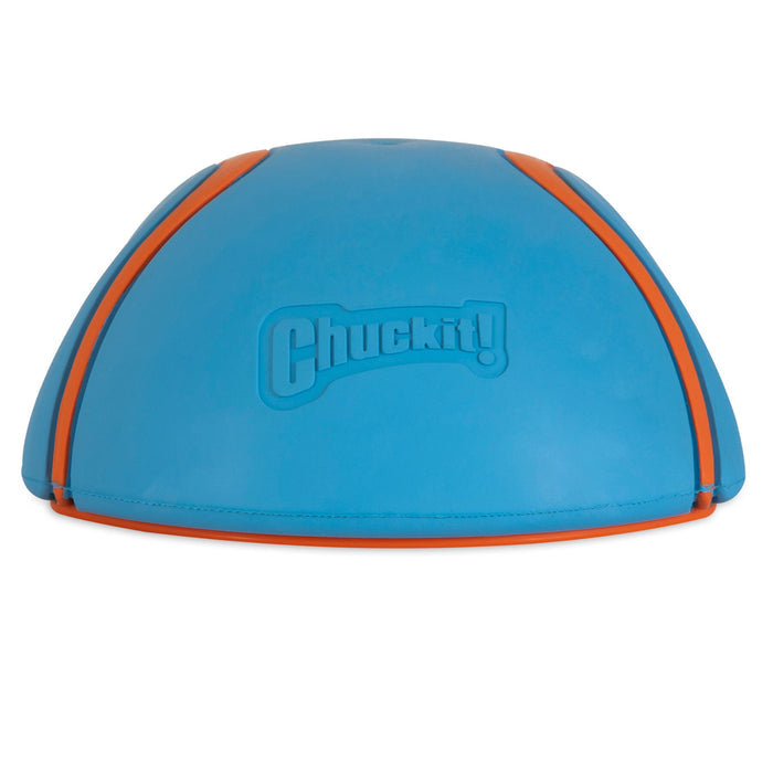 The Chuckit! Indoor Super Slider Dog Toy by Chuckit! is a durable, blue and orange semi-spherical dog toy featuring curved orange lines and the Chuckit! logo, designed for endless indoor fun.