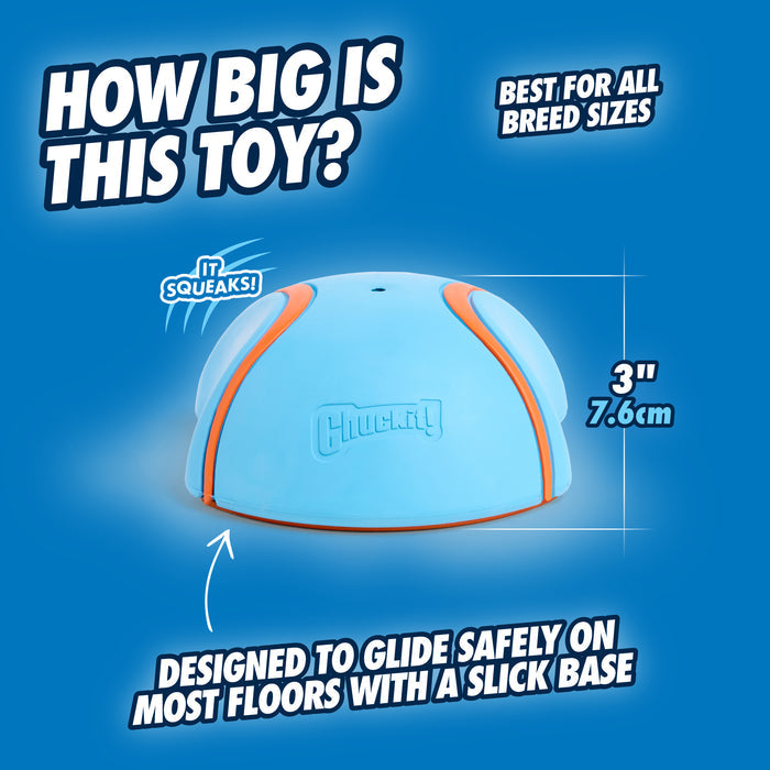The Chuckit! Indoor Super Slider Dog Toy by Chuckit! is a blue and orange, dome-shaped toy (3 in/7.6 cm tall) with "HOW BIG IS THIS TOY?" text. This durable squeaky toy glides safely on most floors and suits all dog breeds.