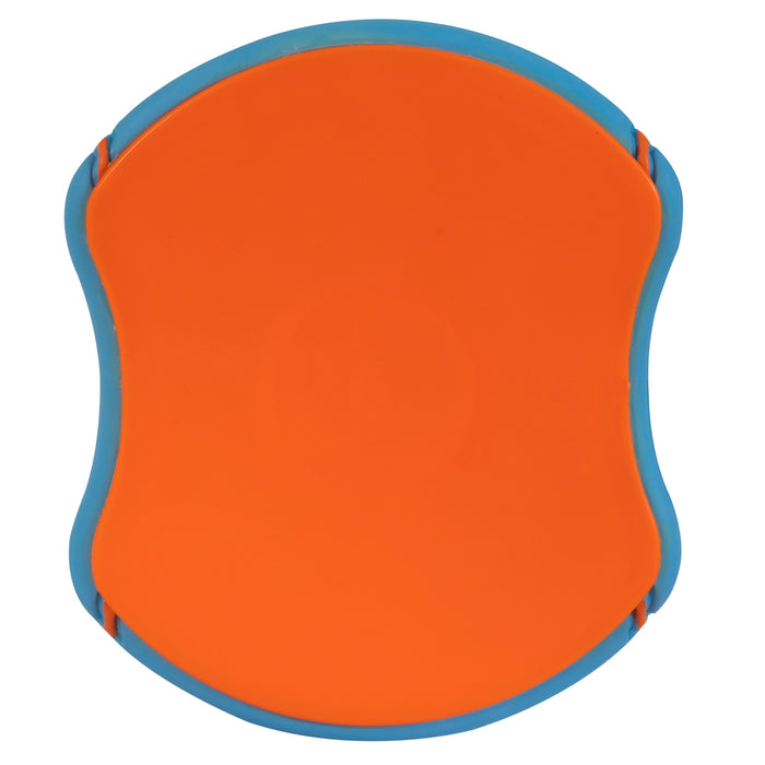 The Chuckit! Indoor Super Slider Dog Toy by Chuckit! features a durable, orange rounded square design with blue trim and wavy edges—shown from above on a white background—ideal for indoor dog play.