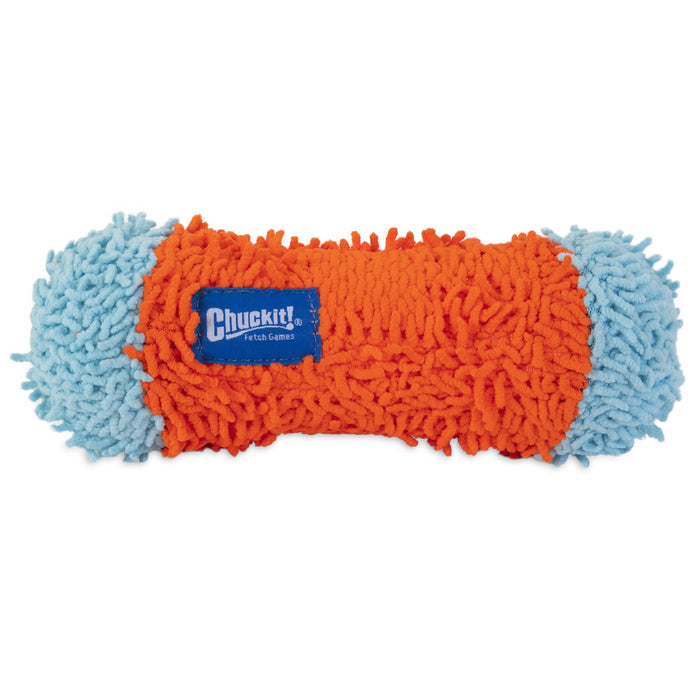 The Chuckit! Indoor Tumble Bumper by Chuckit! is a fluffy indoor dog toy shaped like a bone, with orange center, light blue ends, and logo label—made with Bounceflex Core Technology for gentle play.