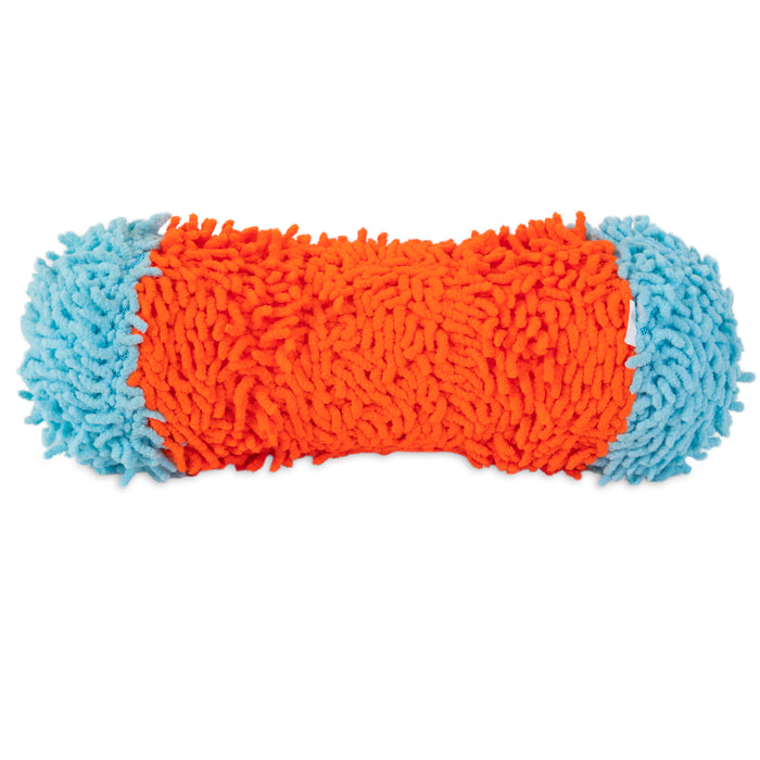 The Chuckit! Indoor Tumble Bumper is a plush bone-shaped dog toy with shaggy orange fabric in the center and blue ends, perfect for indoor playtime.