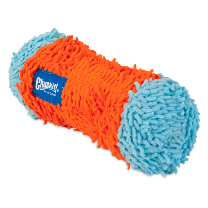 The Chuckit! Indoor Tumble Bumper is an orange and blue cylindrical dog toy with shaggy, textured ends and a blue Chuckit! label, designed with Bounceflex Core Technology for safe indoor play.