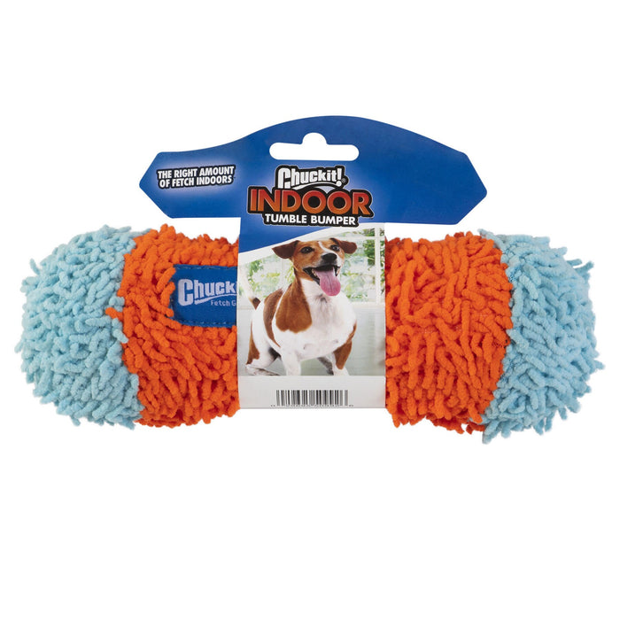 The Chuckit! Indoor Tumble Bumper dog toy by Chuckit! features Bounceflex Core Technology, orange and blue shaggy fabric, a happy dog label, and packaging that says "The right amount of fetch indoors" and "Chuckit! Indoor.