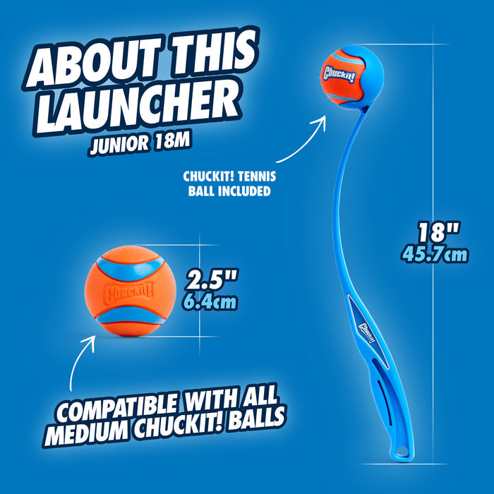 A Chuckit! Junior 18M Dog Ball Launcher (18 inches) and a 2.5-inch blue and orange Chuckit! tennis ball are shown on a blue background. The launcher features hands-free pickup and is compatible with all medium Chuckit! balls.