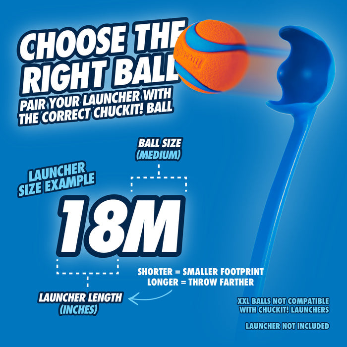 The Chuckit! Junior 18M Dog Ball Launcher by Chuckit! throws an orange and blue medium ball. Text covers picking the right size, using this launcher as an example, plus extra tips and Hands-Free Pickup info.