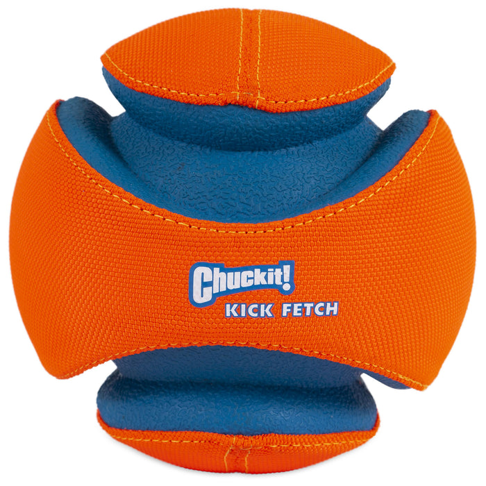 The Chuckit! Kick Fetch Dog Toy by Chuckit! is an interactive orange and blue ball with a grooved design for easy carrying, featuring the brand logo and "Kick Fetch" text for playful dog fun.