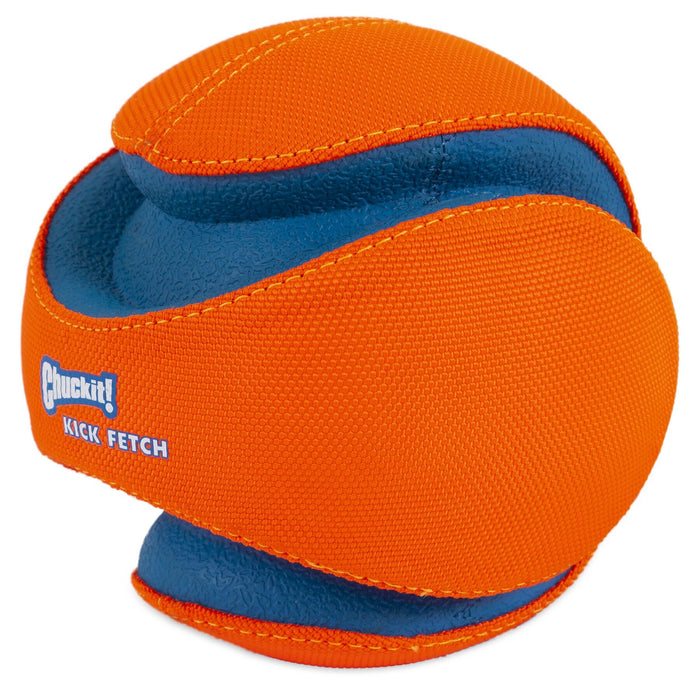 The Chuckit! Kick Fetch Dog Toy by Chuckit! has a textured surface and curved grooves for easy kicking, making playtime with your pup fun and interactive. Its orange and blue design adds excitement to every fetch game.
