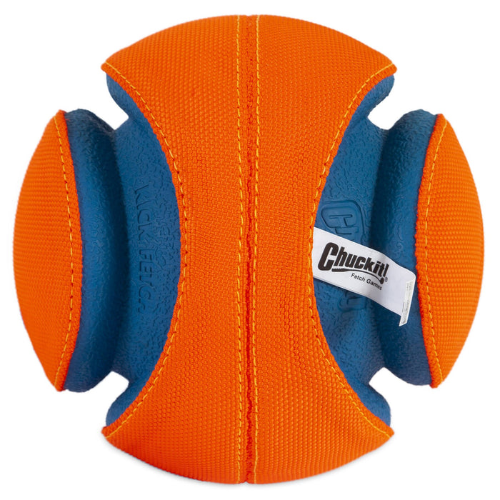 A Chuckit! Kick Fetch Dog Toy by Chuckit! is shown on a white background, featuring orange and blue colors, textured panels, and a white branded tag.