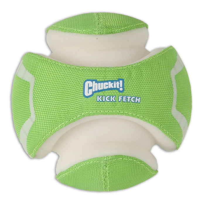 The Chuckit! Kick Fetch Max Glow by Chuckit! is a green and white dog toy with textured fabric and foam, designed for interactive play, easy gripping, and glowing visibility for fetch games in low light.