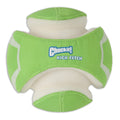 The Chuckit! Kick Fetch Max Glow by Chuckit! is a green and white dog toy with textured fabric and foam, designed for interactive play, easy gripping, and glowing visibility for fetch games in low light.