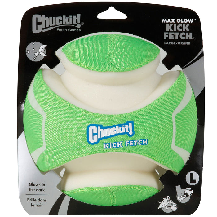 The Chuckit! Kick Fetch Max Glow is a green and white large fetch toy by Chuckit!. Its packaging highlights its glow-in-the-dark feature, making it perfect for nighttime fetch sessions with your dog.
