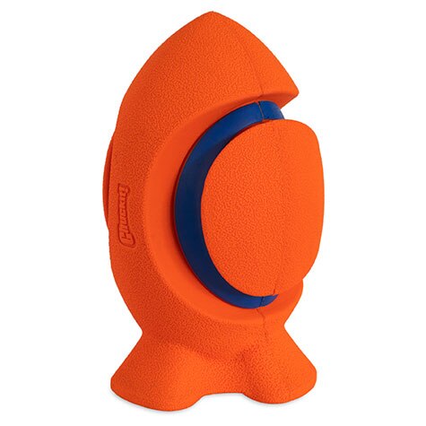 The Chuckit! Kickoff Dog Fetch Toy by Chuckit! is a bright orange, rocket-shaped fetch toy with a blue groove and flat base that lets it stand upright, making playtime fun and engaging for your dog.