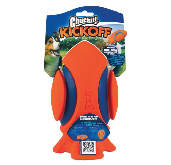 The Chuckit! Kickoff Dog Fetch Toy by Chuckit! is an orange and blue football-shaped dog toy with side paddles, shown in packaging with a dog photo and product info—ideal for active pups who love to fetch.