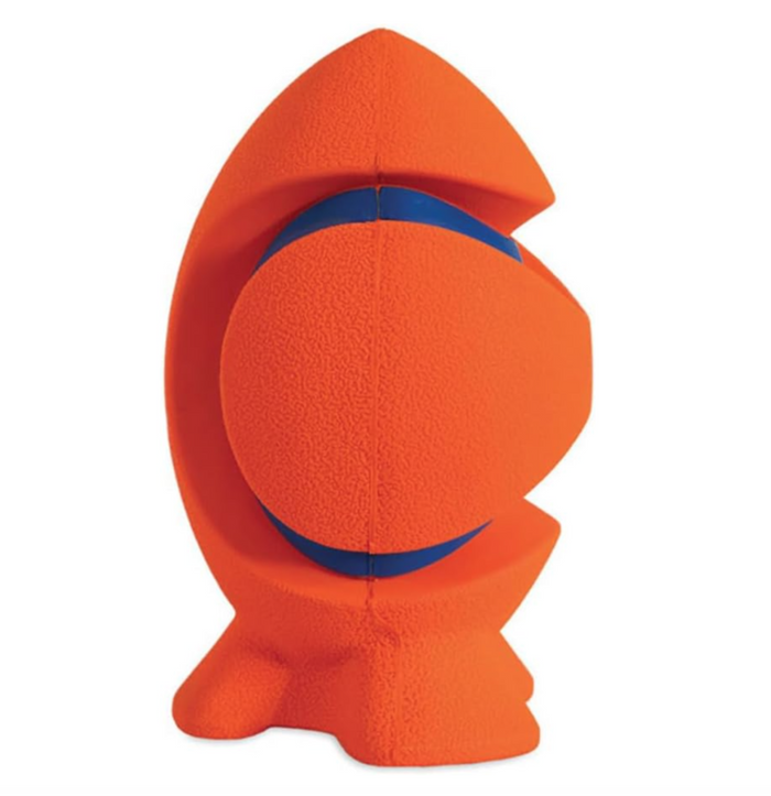 The Chuckit! Kickoff Dog Fetch Toy by Chuckit! is a bright orange, fish-shaped fetch toy with a textured surface and a visible blue ball in its center—perfect for active pups who love playful, eye-catching designs.