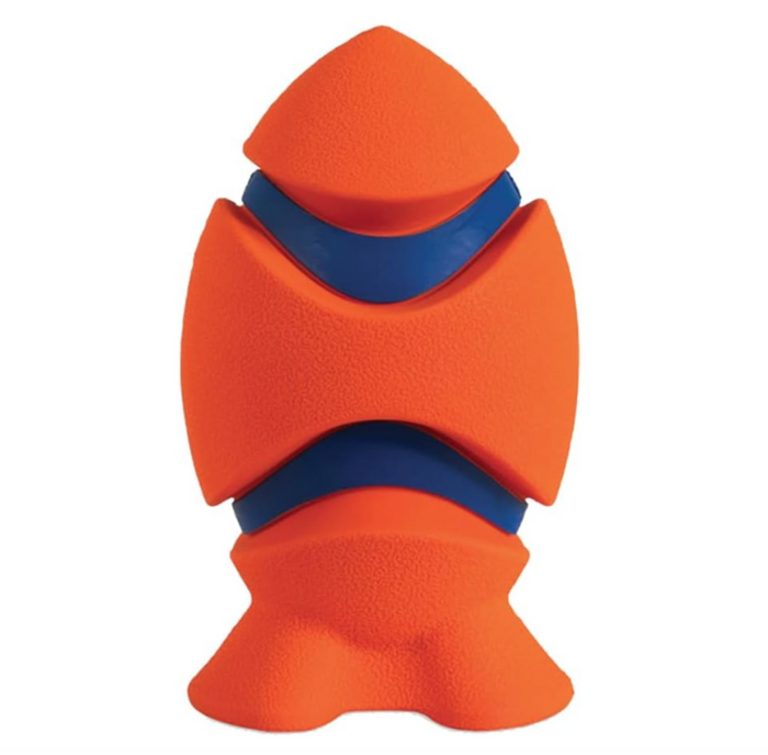 The Chuckit! Kickoff Dog Fetch Toy by Chuckit! is an orange and blue rubber fetch toy shaped like a stylized fish with textured surfaces and curved fins, shown against a plain white background.