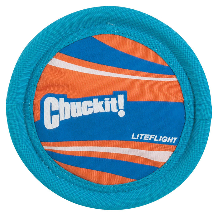The Chuckit! Lite Flight Dog Fetch Toy by Chuckit! is a round, soft frisbee with a blue border and orange-blue patterned center. "Chuckit!" and "Liteflight" are printed on the front. Durable and perfect for active play with your dog.