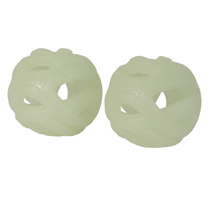 Two light green, spherical Chuckit! Max Glow Air Fetch Balls by Chuckit!, featuring crisscrossed openings and textured surfaces for breathability, are placed side by side on a white background.