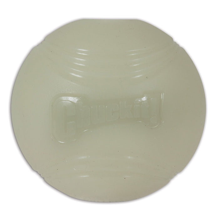 A white, round Chuckit! Max Glow Fetch Ball by Chuckit!, made of durable rubber with a ribbed texture and "Chuckit!" embossed in the center, is shown on a plain white background. This glow-in-the-dark ball is ideal for nighttime fetch.