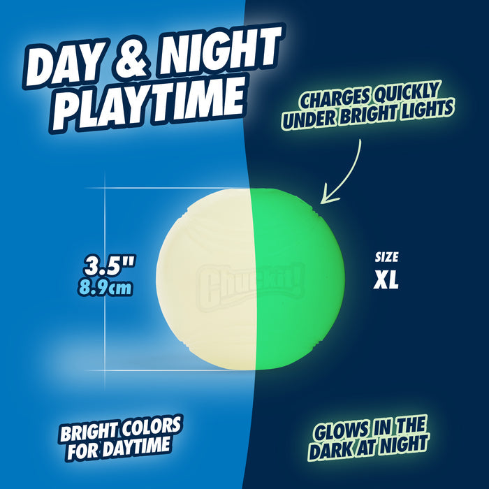 The Chuckit! Max Glow Fetch Ball by Chuckit! is a durable rubber dog ball with vibrant colors for daytime play and glows in the dark for nighttime fun. It charges fast under light for hours of glow, just like the popular Chuckit! Max Glow Ball.