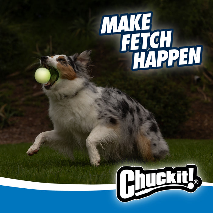 A playful dog runs on grass with a green Chuckit! Max Glow Fetch Ball in its mouth. “MAKE FETCH HAPPEN” appears above, and the Chuckit! logo is shown at the bottom.