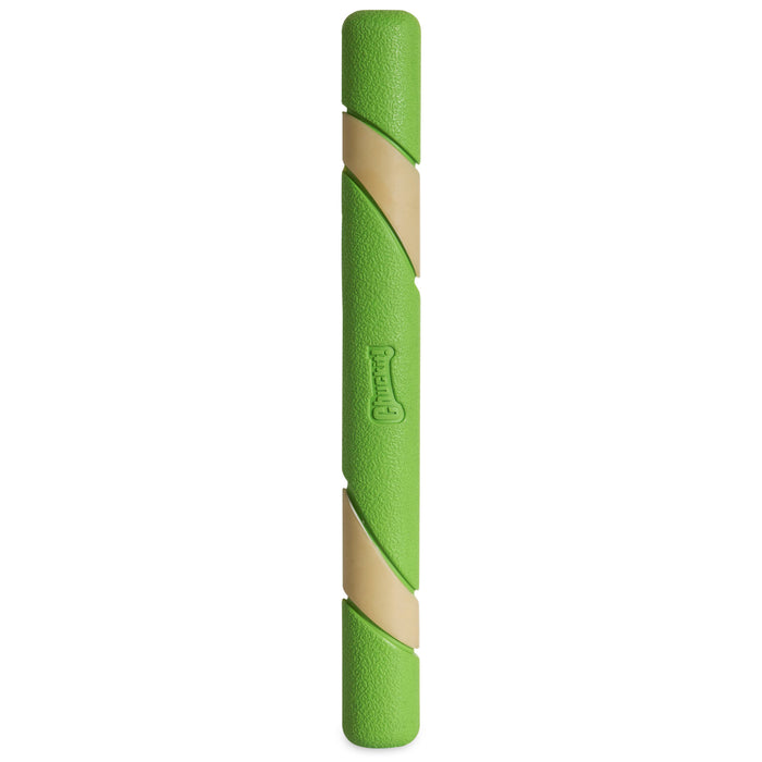 A green cylindrical Chuckit! Max Glow Ultra Fetch Stick by Chuckit! with beige spiral accents and a textured surface is shown vertically on a white background. This glow-in-the-dark dog toy is ideal for nighttime play.