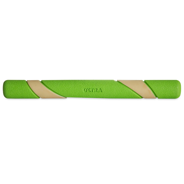The Chuckit! Max Glow Ultra Fetch Stick by Chuckit! is a green cylindrical dog toy with beige diagonal stripes and embossed branding, designed for durability and nighttime visibility, shown on a white background.