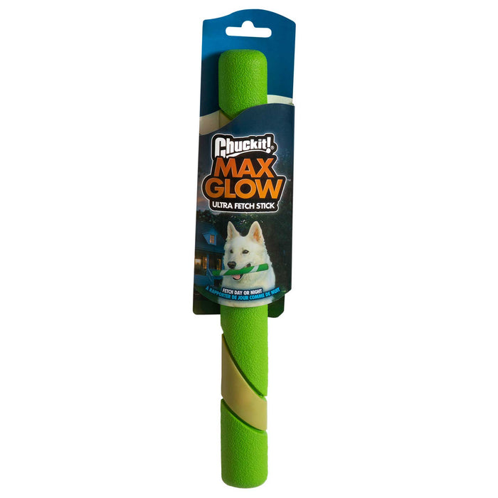 The Chuckit! Max Glow Ultra Fetch Stick, by Chuckit!, is a durable green glow-in-the-dark dog toy in its packaging, featuring a dog photo and the product name in bright orange and white on a dark background—perfect for endless fetch fun.
