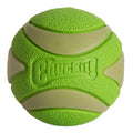 The Chuckit! Max Glow Ultra Squeaker Ball by Chuckit! is a bright green glow-in-the-dark fetch toy for dogs, featuring both textured and smooth curved sections plus the Chuckit! brand name embossed on its surface.