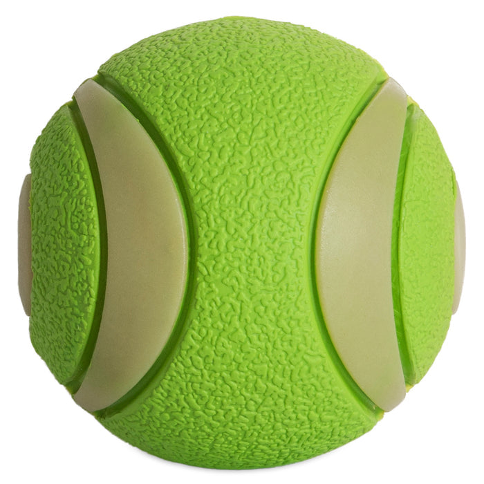 The Chuckit! Max Glow Ultra Squeaker Ball by Chuckit! is a bright green rubber fetch toy with four smooth, cream-colored curved panels—ideal for playful pups.