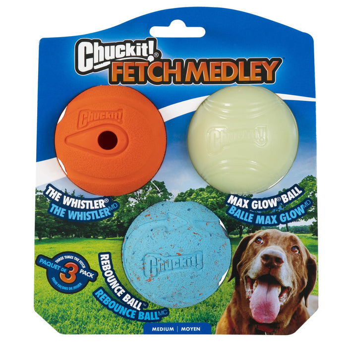 The Chuckit! Medium Fetch Medley Dog Ball Set by Chuckit! includes an orange Whistler, a Max Glow glow-in-the-dark ball, and a blue Rebound ball. Packaging features a happy dog and highlights the benefits of these fun fetch toys.
