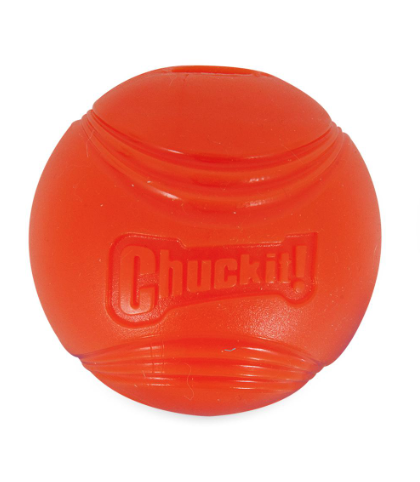The Chuckit! Fetch Medley 2 by Chuckit! is an orange natural rubber dog toy with grooves, a small top hole, and "Chuckit!" embossed—ideal for active pups.