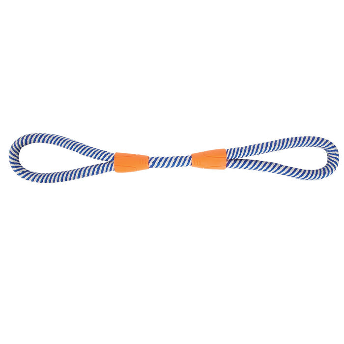 The Chuckit! Mountain Rope Tug by Chuckit! is a blue and white striped rope dog toy with orange connectors and loops at each end, shown on a white background—ideal for interactive playtime.