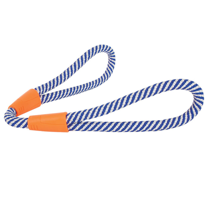 The Chuckit! Mountain Rope Tug by Chuckit! features blue and white stripes with orange plastic-covered loops at each end, ideal for use as a dog tug toy or for securing items.
