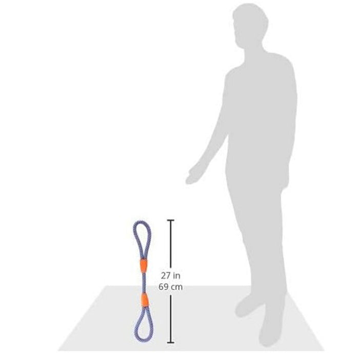 A silhouette stands beside the Chuckit! Mountain Rope Tug by Chuckit!, an interactive blue and orange dog toy with two loops, measuring 27 inches (69 cm) long. Measurement lines are shown for scale.