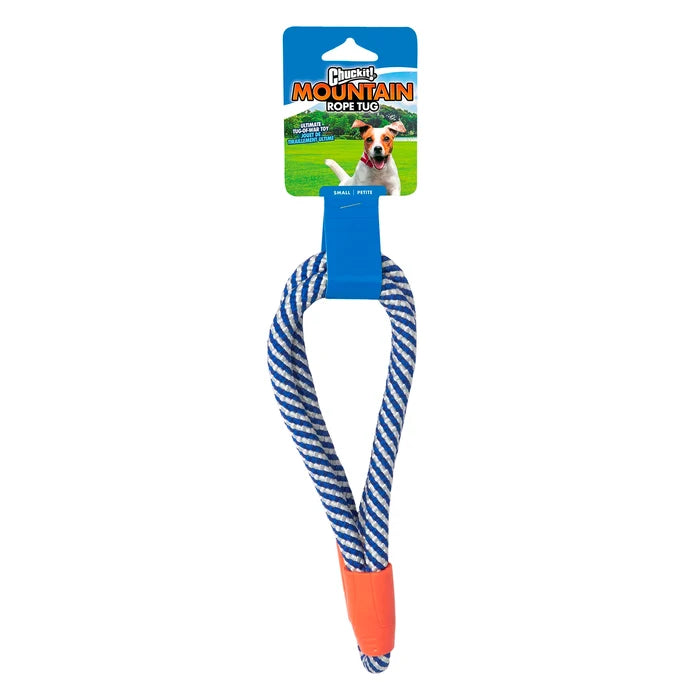 The Chuckit! Mountain Rope Tug by Chuckit! is a blue and white striped dog tug toy with orange ends, packaged in a loop with playful dog graphics—an interactive toy designed for hours of canine fun.