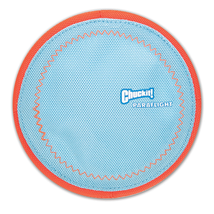 The Chuckit! Paraflight Flyer Dog Toy by Chuckit! is a round, blue fabric frisbee with an orange border—perfect for durable, floating fetch play with your pup.