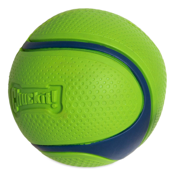 The Chuckit! Peanut Butter Sniff Fetch Ball is a bright green, textured rubber ball with blue stripes and "Chuckit!" embossed on one side, designed as a durable, scented toy for dogs to enjoy during playtime.