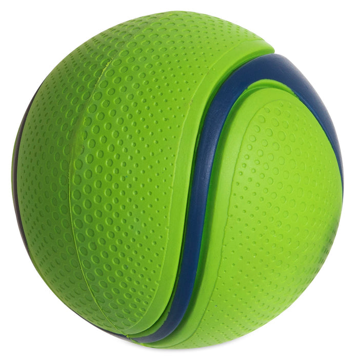 A close-up of the Chuckit! Peanut Butter Sniff Fetch Ball—a bright green, textured rubber dog ball with a blue stripe from Chuckit!, designed for energetic pups and perfect for fetch play.