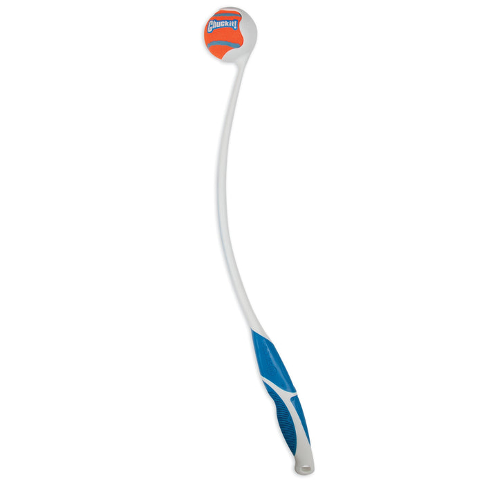 The Chuckit! Pro Launcher by Chuckit!, in blue and white, holds an orange and blue tennis ball featuring the Chuckit! logo.