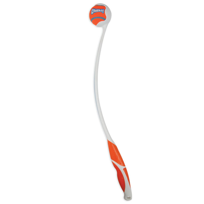 The Chuckit! Pro Launcher by Chuckit! is a long, curved fetch toy with an orange and white handle, designed to hold an orange and white Chuckit! tennis ball at the end.