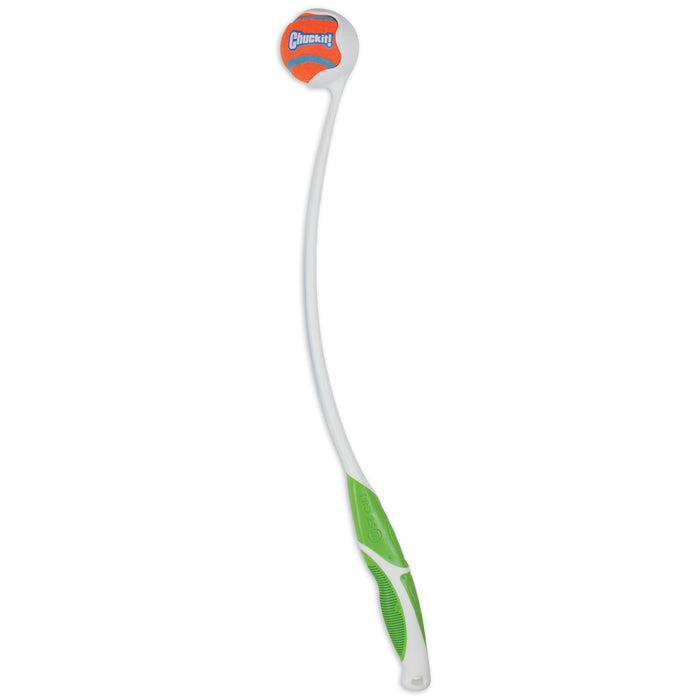 The Chuckit! Pro Launcher by Chuckit! in white and green holds an orange and blue tennis ball, making fetch easier and helping you throw balls farther for fun playtime with your dog.