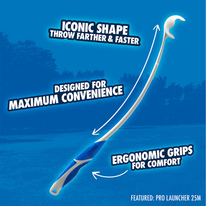 A blue and white Chuckit! Pro Launcher by Chuckit! is shown with text highlighting its iconic shape for farther, faster throws, maximum convenience, and ergonomic grips for comfort. The featured fetch toy is the Pro Launcher 25M, with a blurred grassy park in the background.