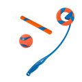 The Chuckit! RingChaser and Fetch Toy Set by Chuckit! features orange and blue fetch toys—a ball, stick, and ring—plus the RingChaser with a handle for slobber-free pickup, all shown on a white background.