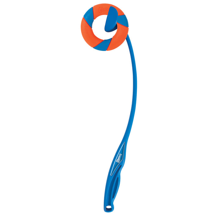 The Chuckit! RingChaser and Fetch Toy Set by Chuckit! features a blue and orange circular fetch toy attached to a long, curved launcher with a handle for easy, slobber-free pickup and long-distance throws.