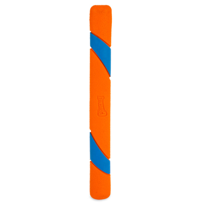 The Chuckit! RingChaser and Fetch Toy Set features an orange, rectangular stick-shaped toy with blue diagonal stripes, a textured surface for easy pickup, and the Chuckit! brand name embossed in the center.