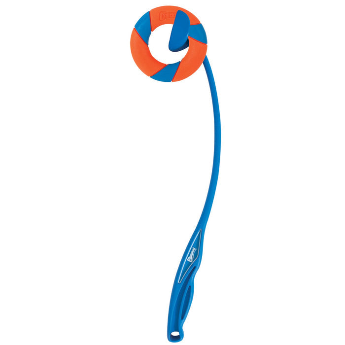 The Chuckit! RingChaser Dog Toy Set by Chuckit! features a blue plastic launcher with a circular orange and blue rubber ring, designed for interactive play and to throw fetch toys farther for dogs.