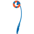 The Chuckit! RingChaser Dog Toy Set by Chuckit! features a blue plastic launcher with a circular orange and blue rubber ring, designed for interactive play and to throw fetch toys farther for dogs.