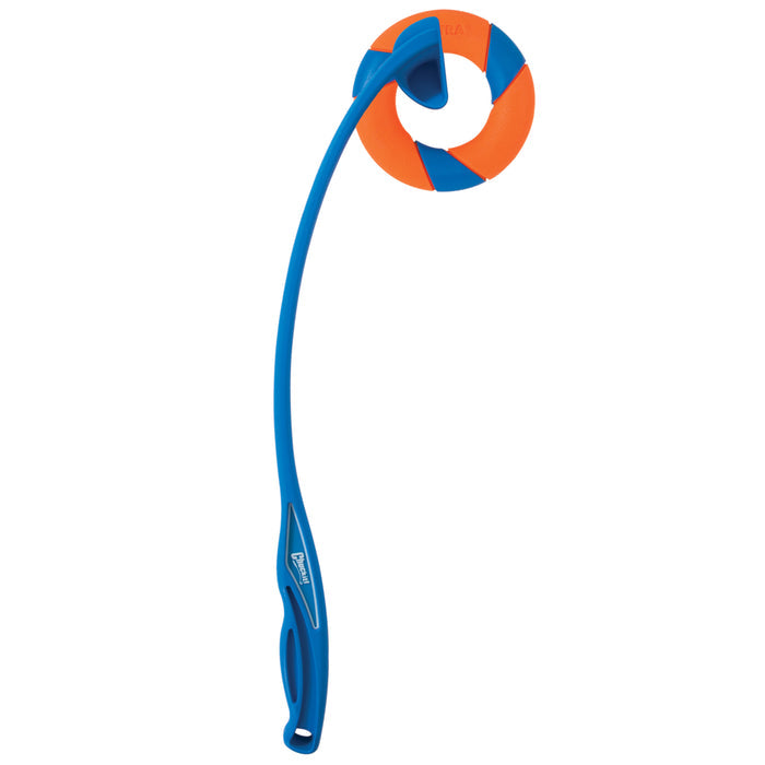 The Chuckit! RingChaser Dog Toy Set by Chuckit! features a blue plastic launcher and an orange-blue rubber ring, perfect for interactive fetch games with dogs.